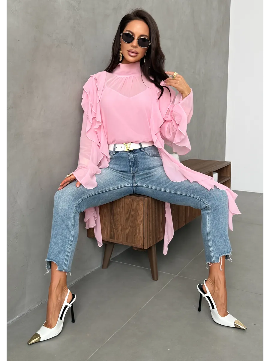 Блузка нарядная праздничная шелковая с рюшами и топом