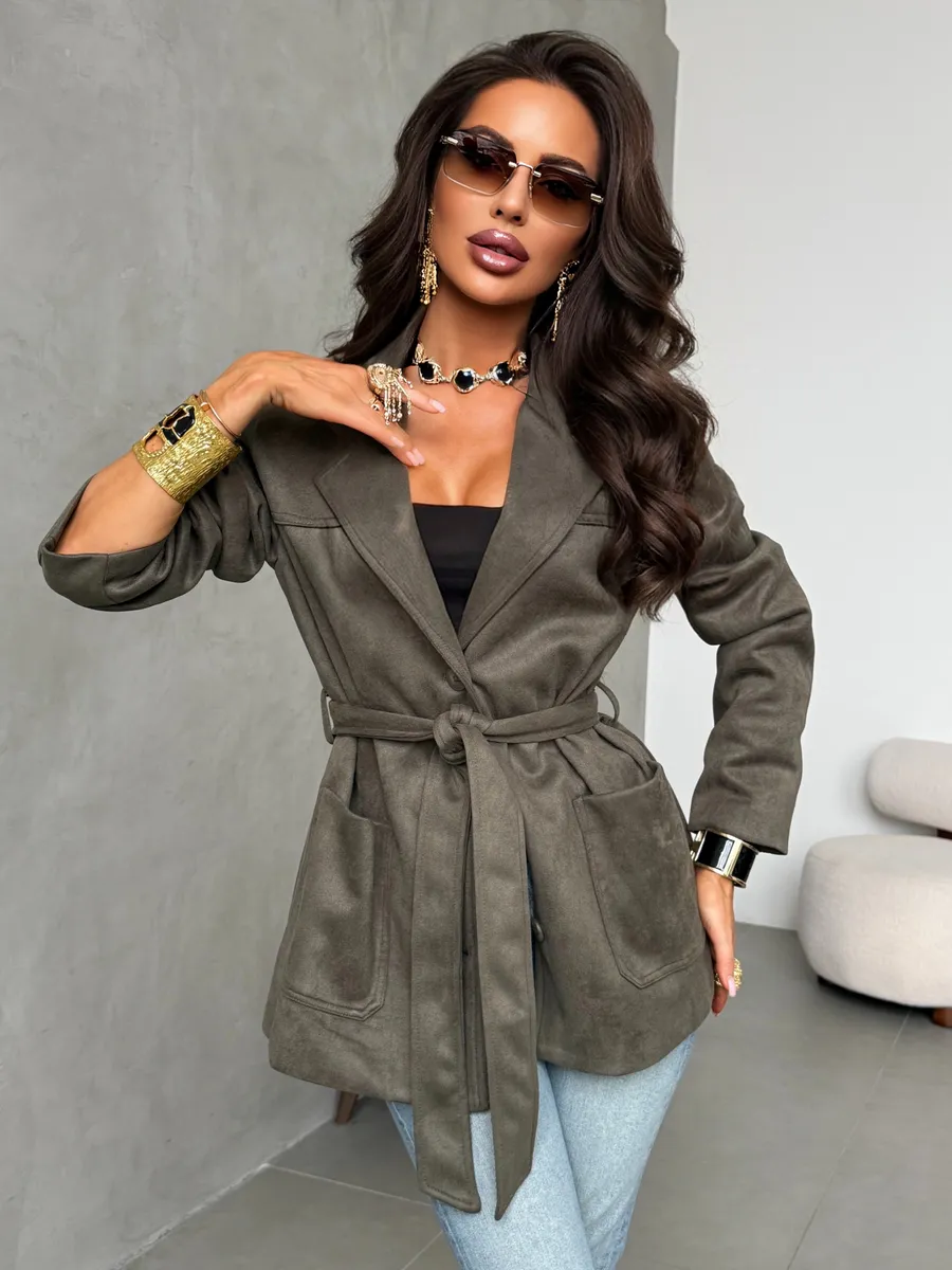 Хаки куртка демисезонная замшевая с поясом