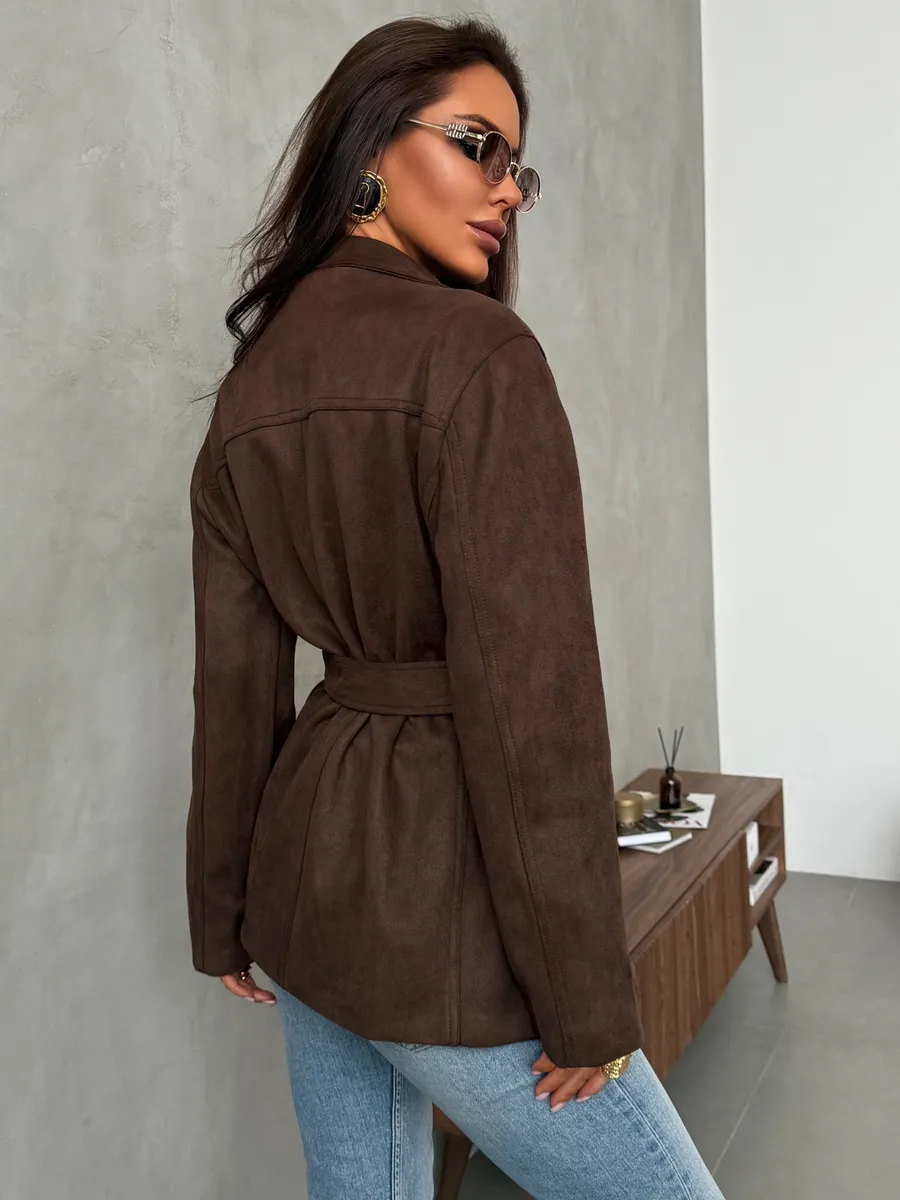 Коричневая куртка демисезонная замшевая с поясом