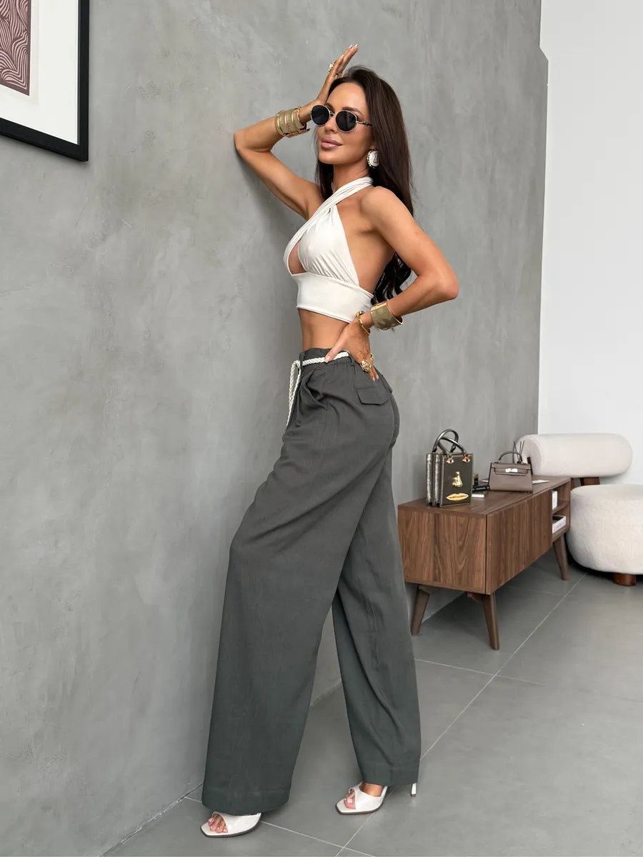 Брюки льняные палаццо широкие летние с поясом