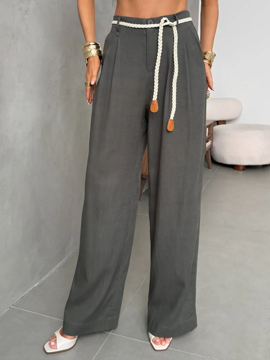 Брюки льняные палаццо широкие летние с поясом