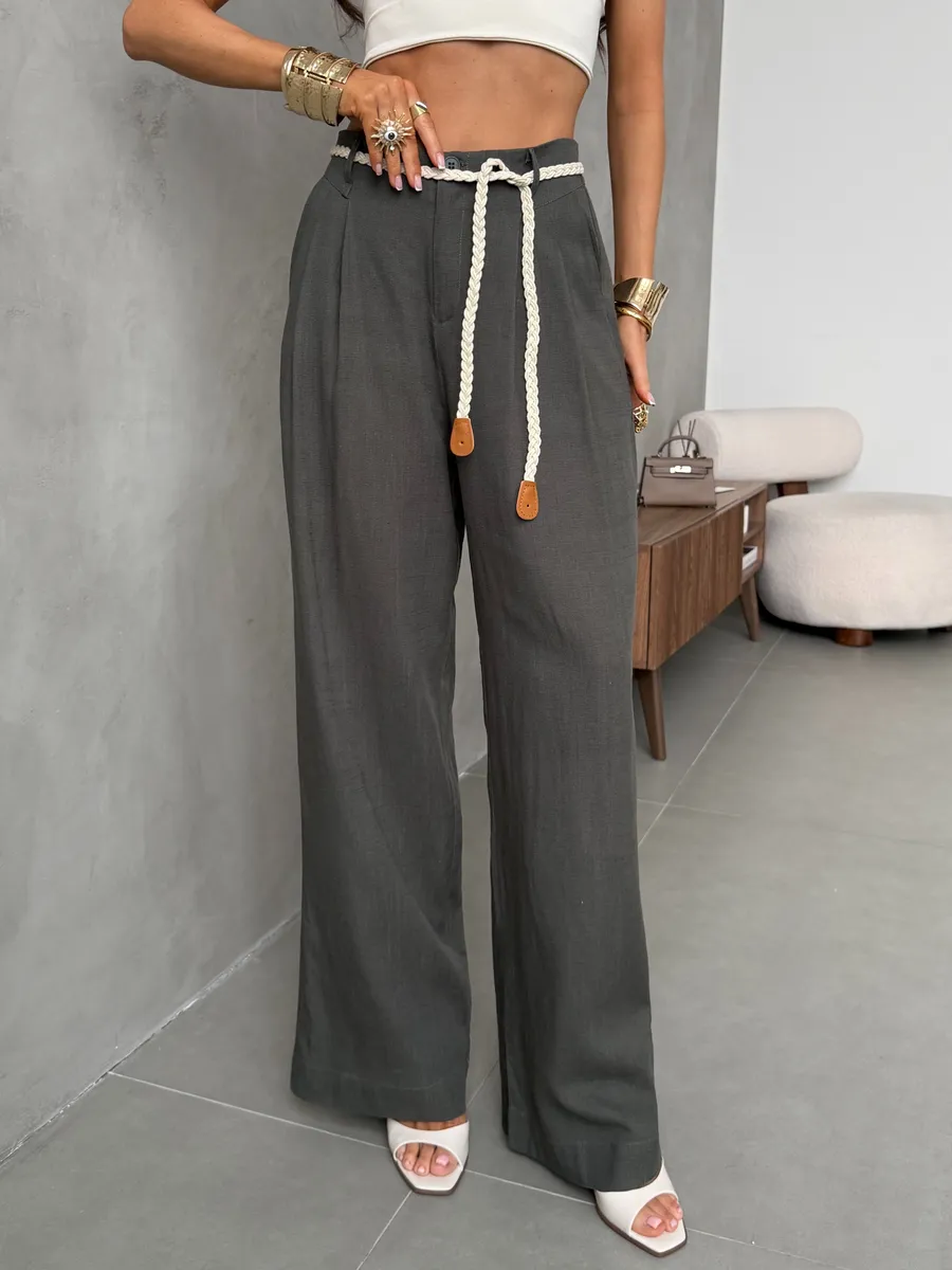 Брюки льняные палаццо широкие летние с поясом