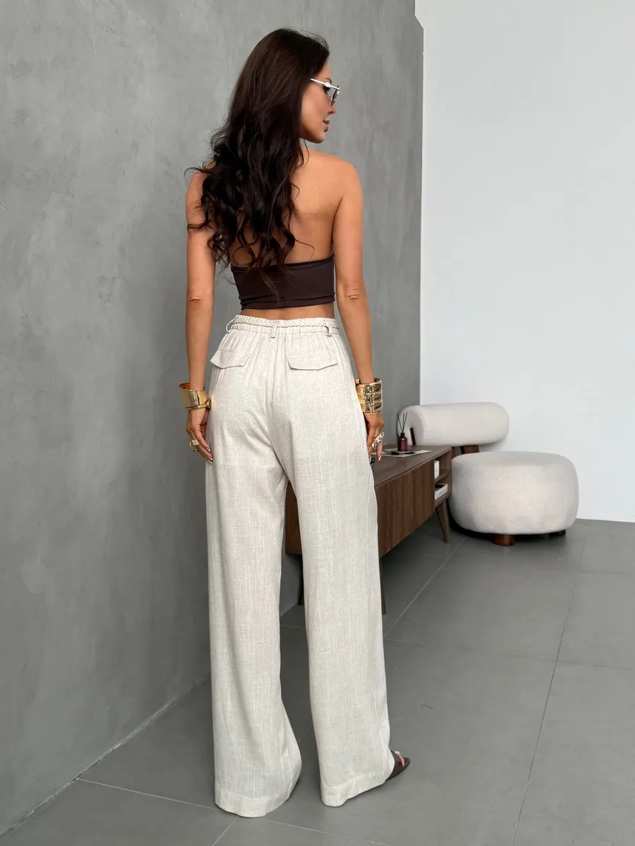 Брюки льняные палаццо широкие летние с поясом