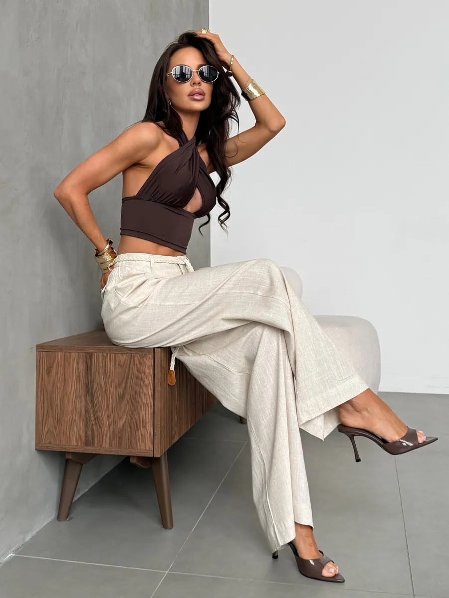 Брюки льняные палаццо широкие летние с поясом