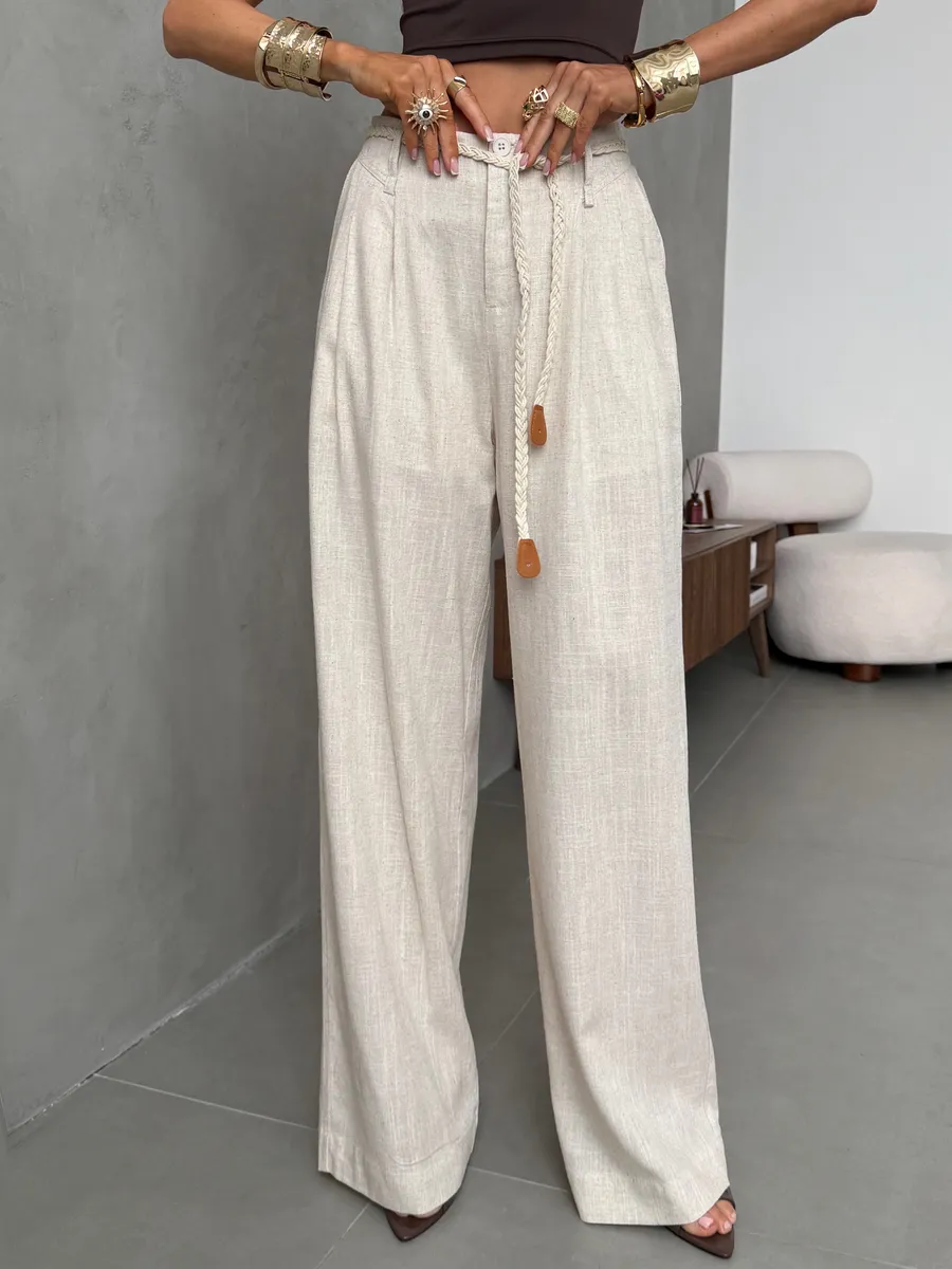 Брюки льняные палаццо широкие летние с поясом