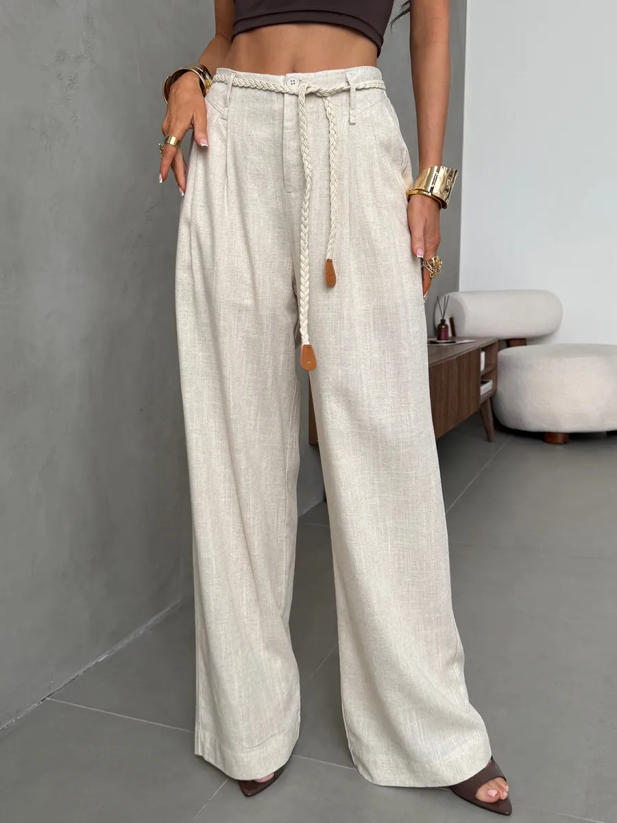 Брюки льняные палаццо широкие летние с поясом