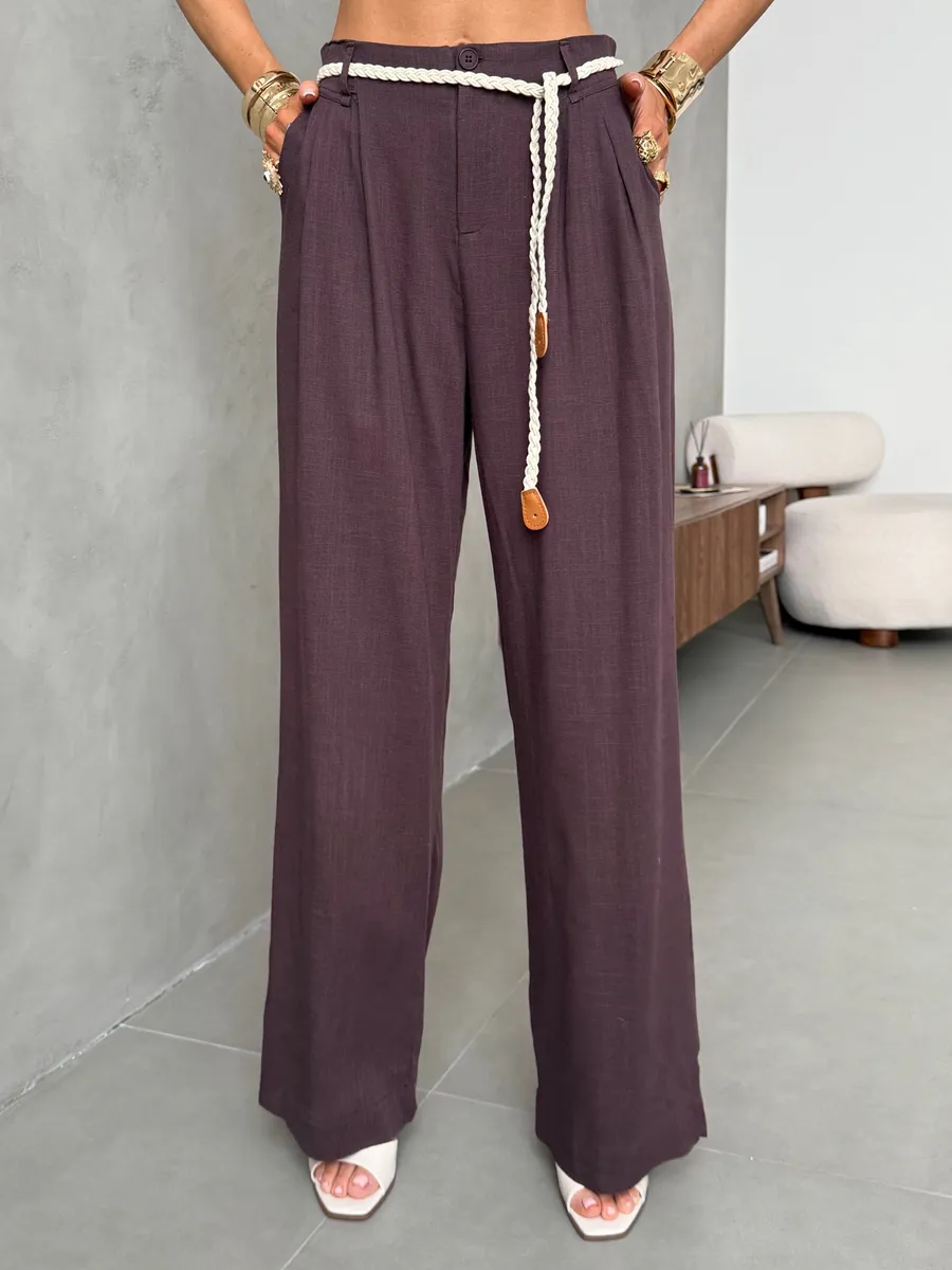 Брюки льняные палаццо широкие летние с поясом