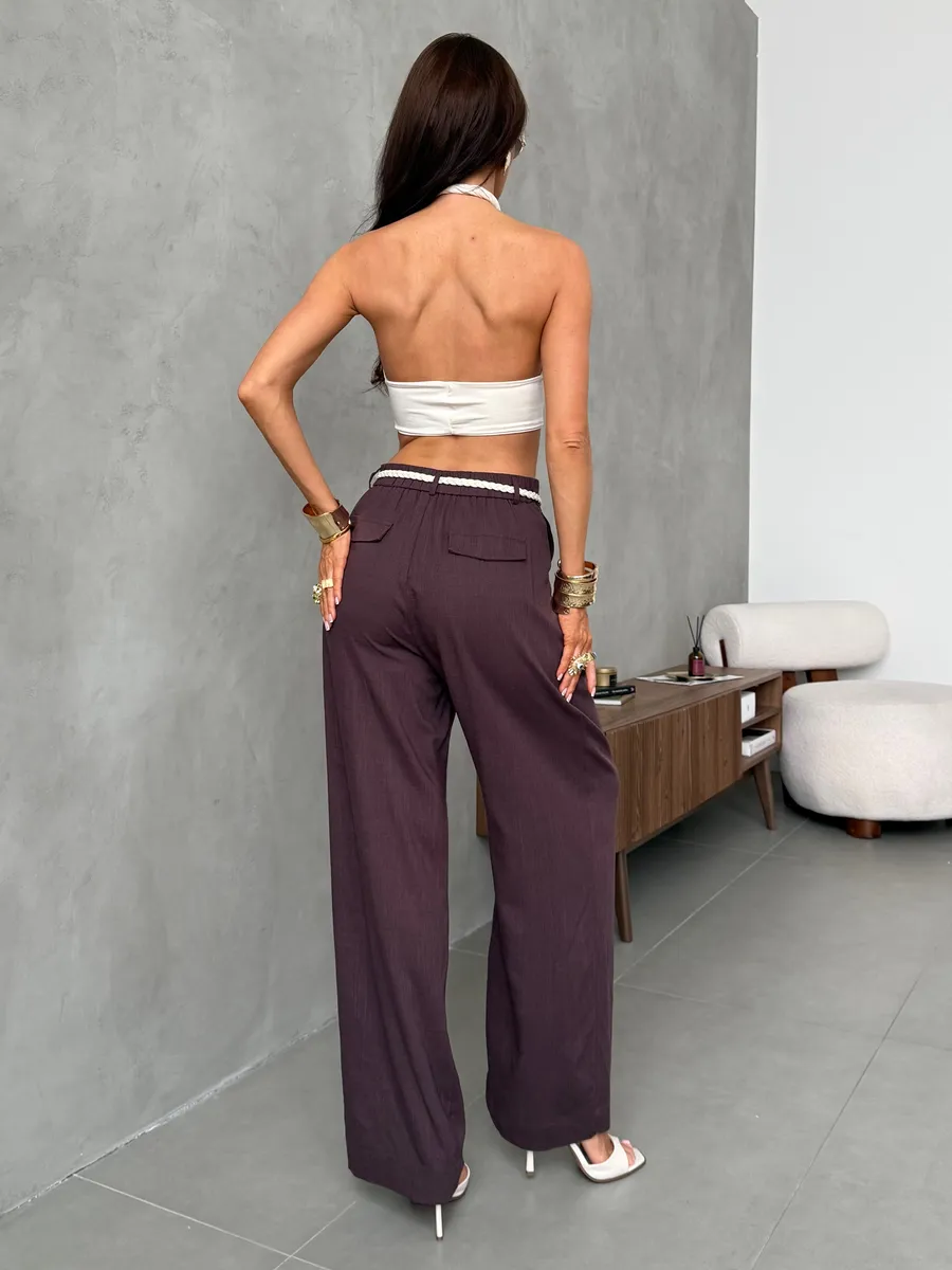 Брюки льняные палаццо широкие летние с поясом