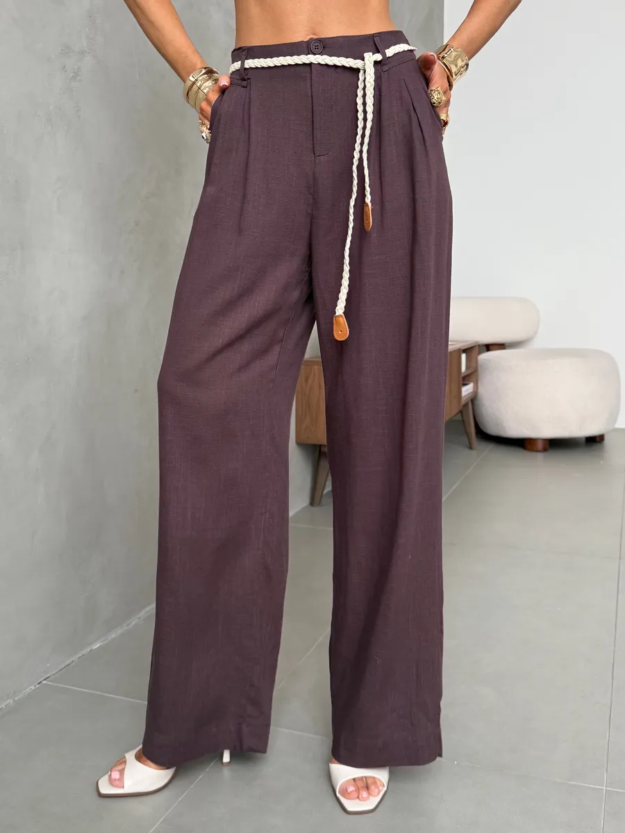 Брюки льняные палаццо широкие летние с поясом