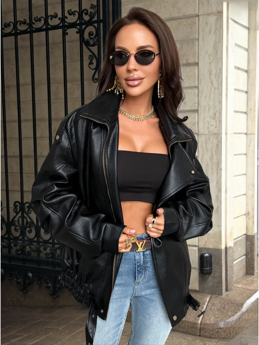 Черная куртка - бомбер кожаная