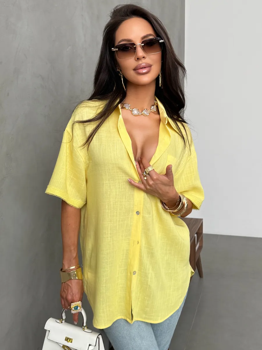 Желтая рубашка летняя с коротким рукавом льняная