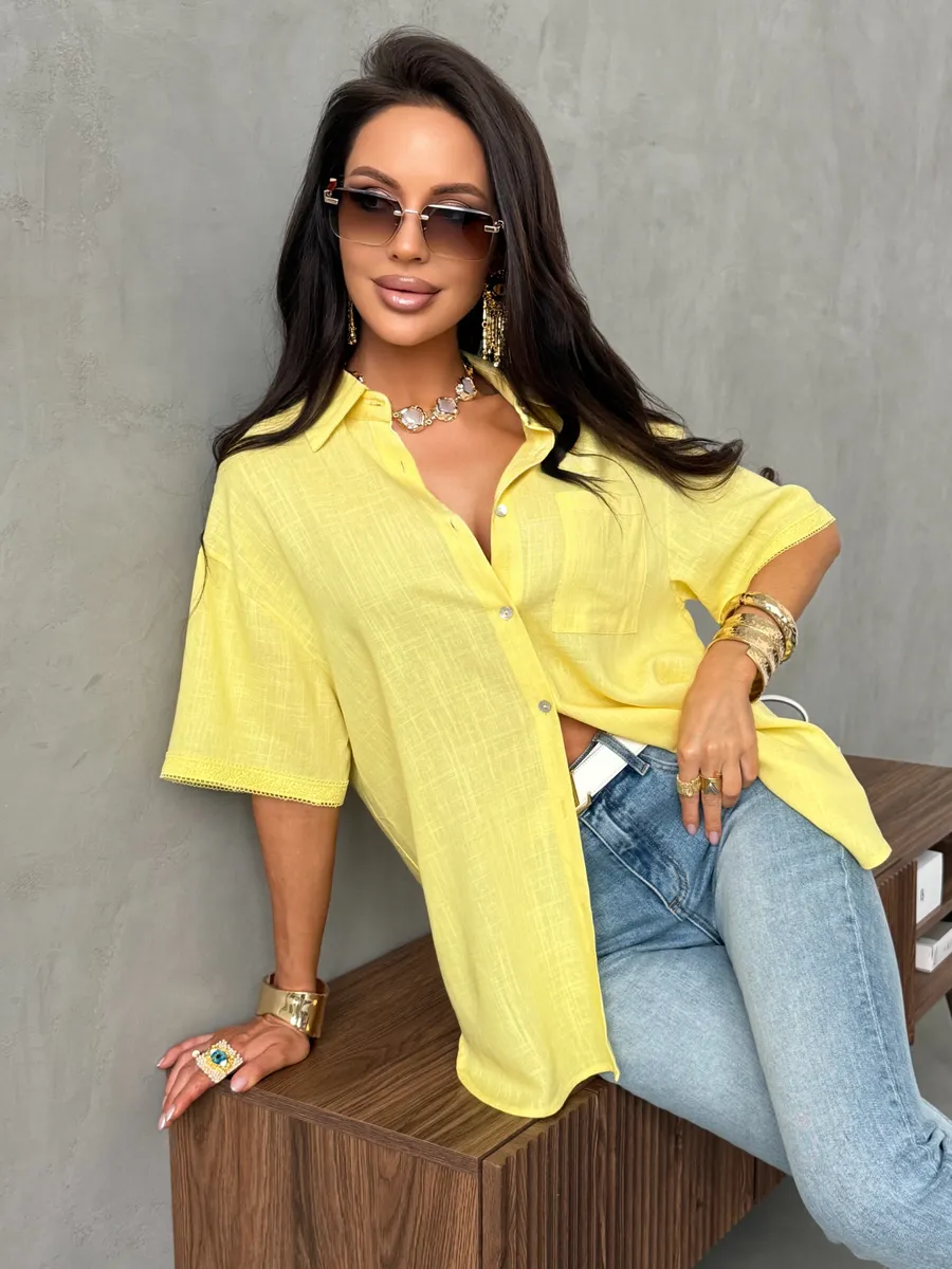 Желтая рубашка летняя с коротким рукавом льняная