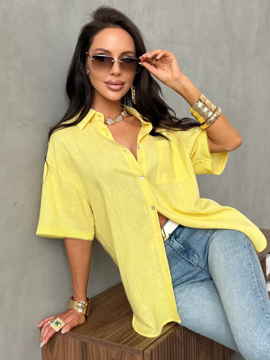 Желтая рубашка летняя с коротким рукавом льняная