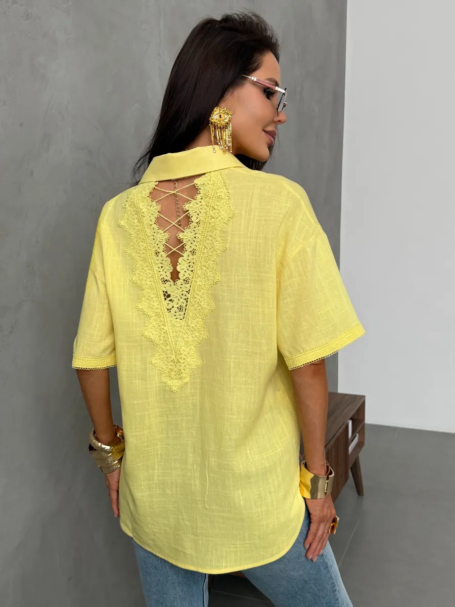 Желтая рубашка летняя с коротким рукавом льняная
