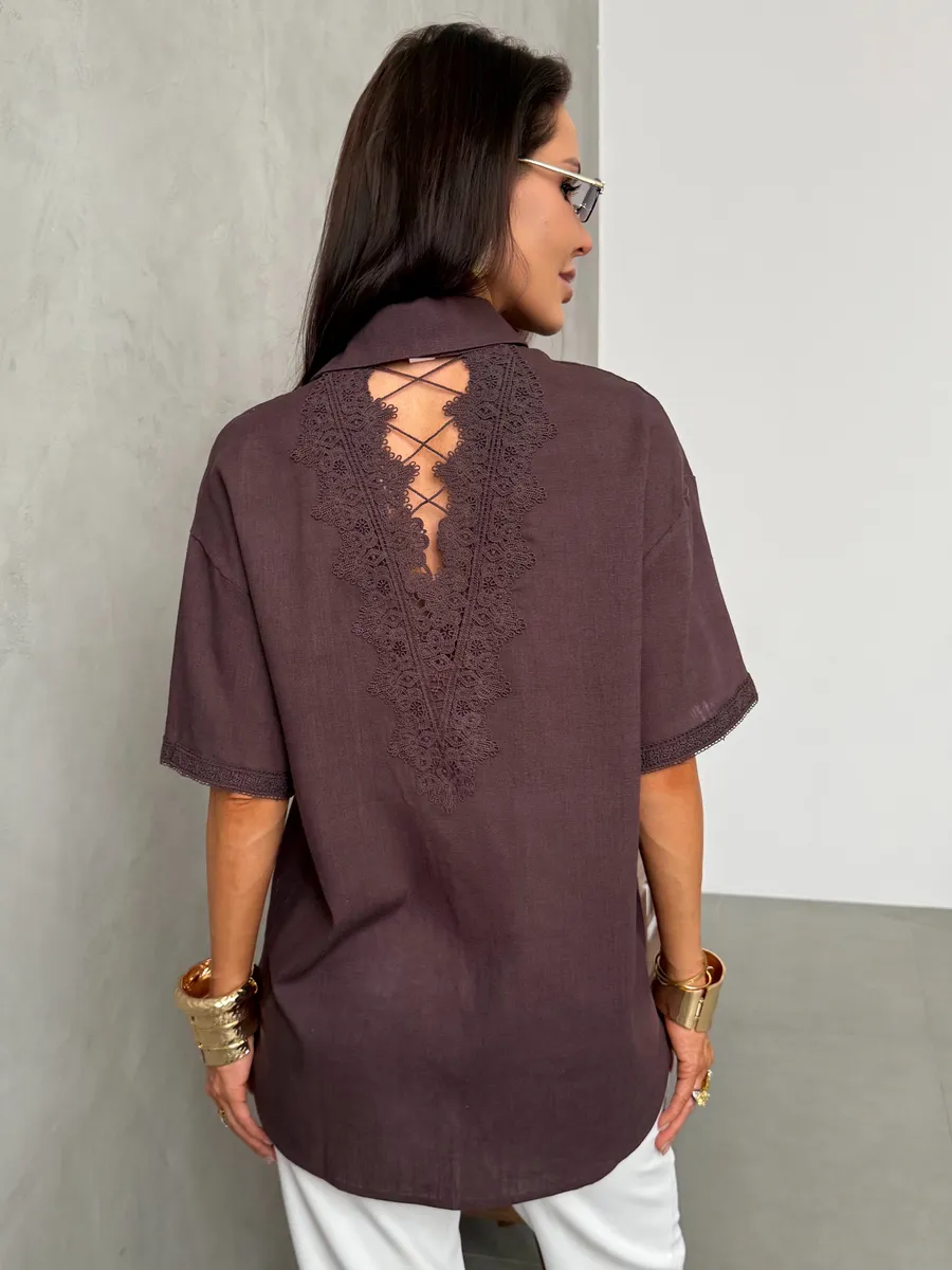 Коричневая рубашка летняя с коротким рукавом льняная