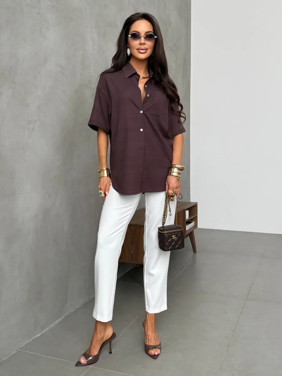 Коричневая рубашка летняя с коротким рукавом льняная