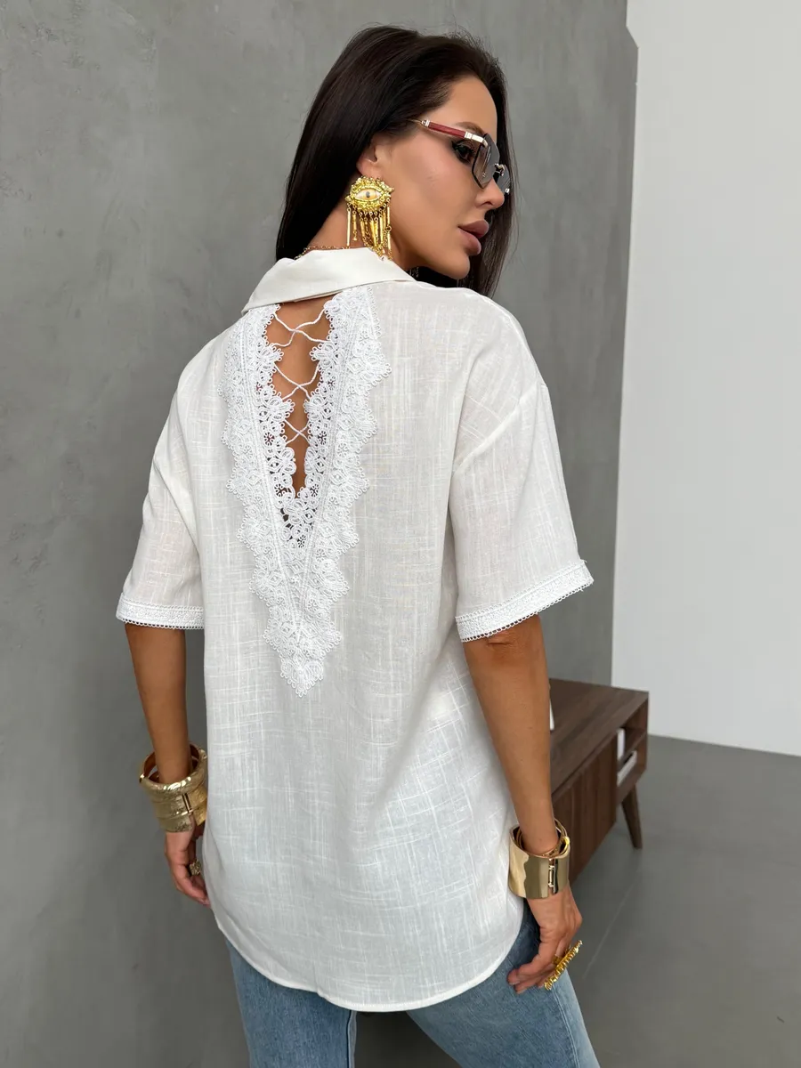 Белая рубашка летняя с коротким рукавом льняная