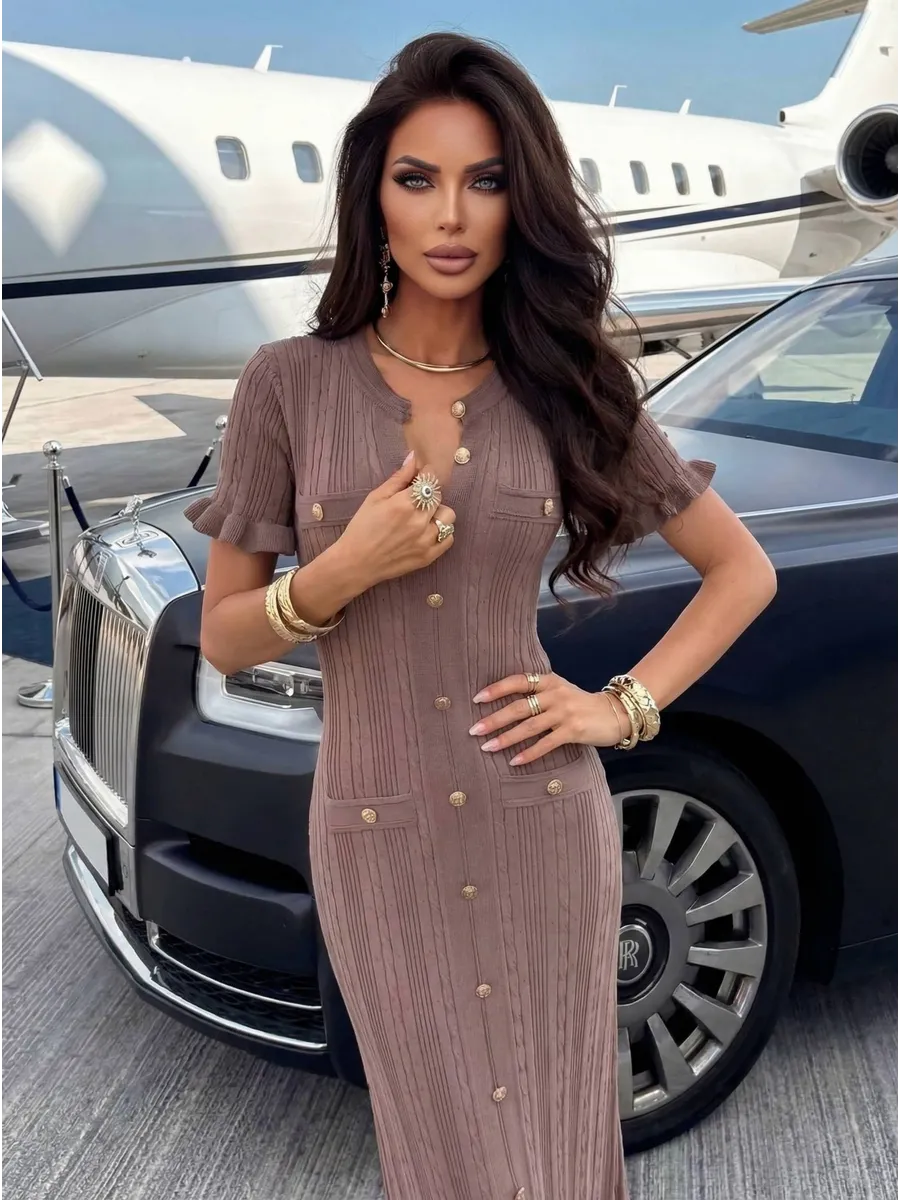 Коричневое повседневное длинное платье трикотажное макси