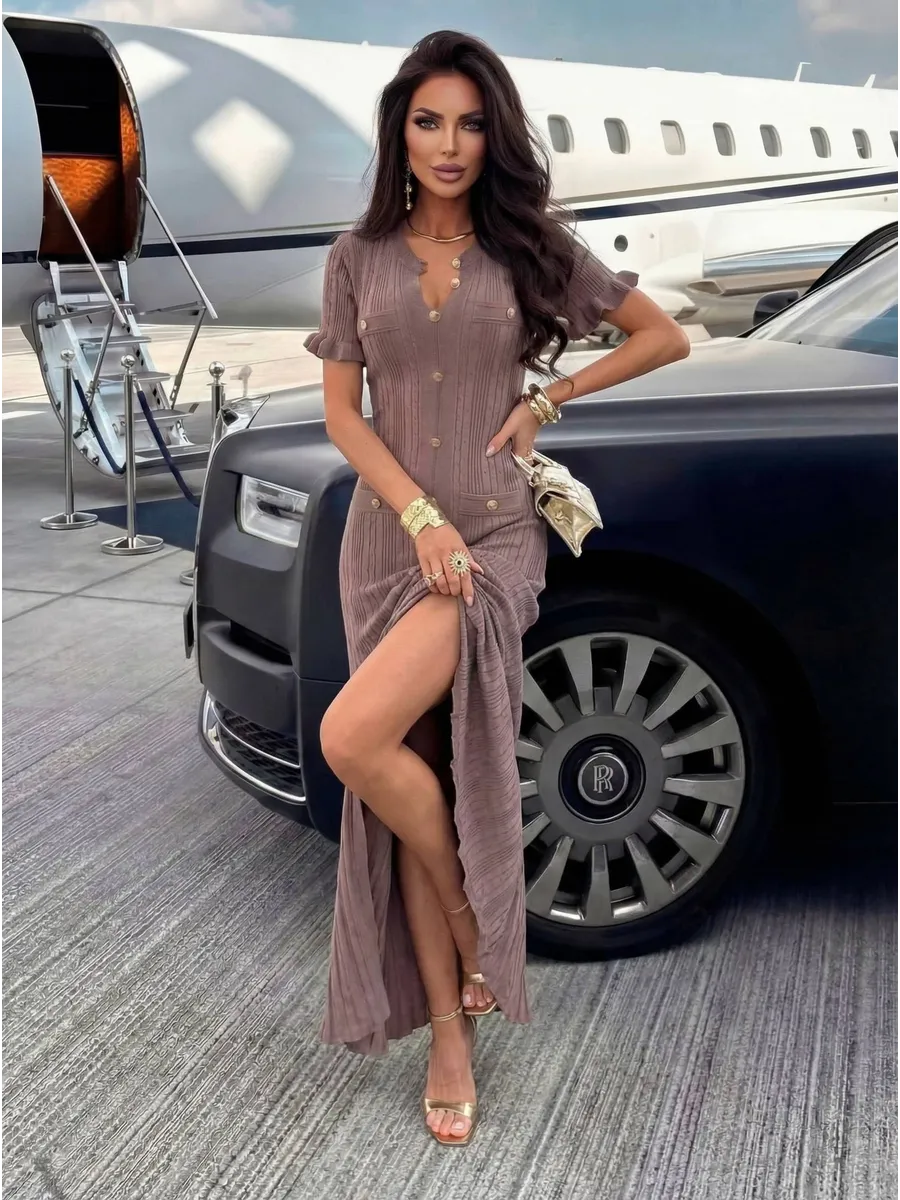 Коричневое повседневное длинное платье трикотажное макси