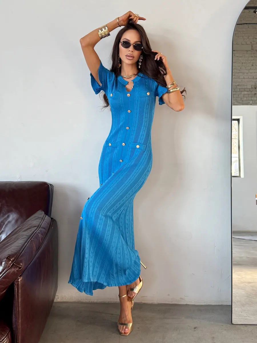 Синее праздничное длинное платье офисное макси