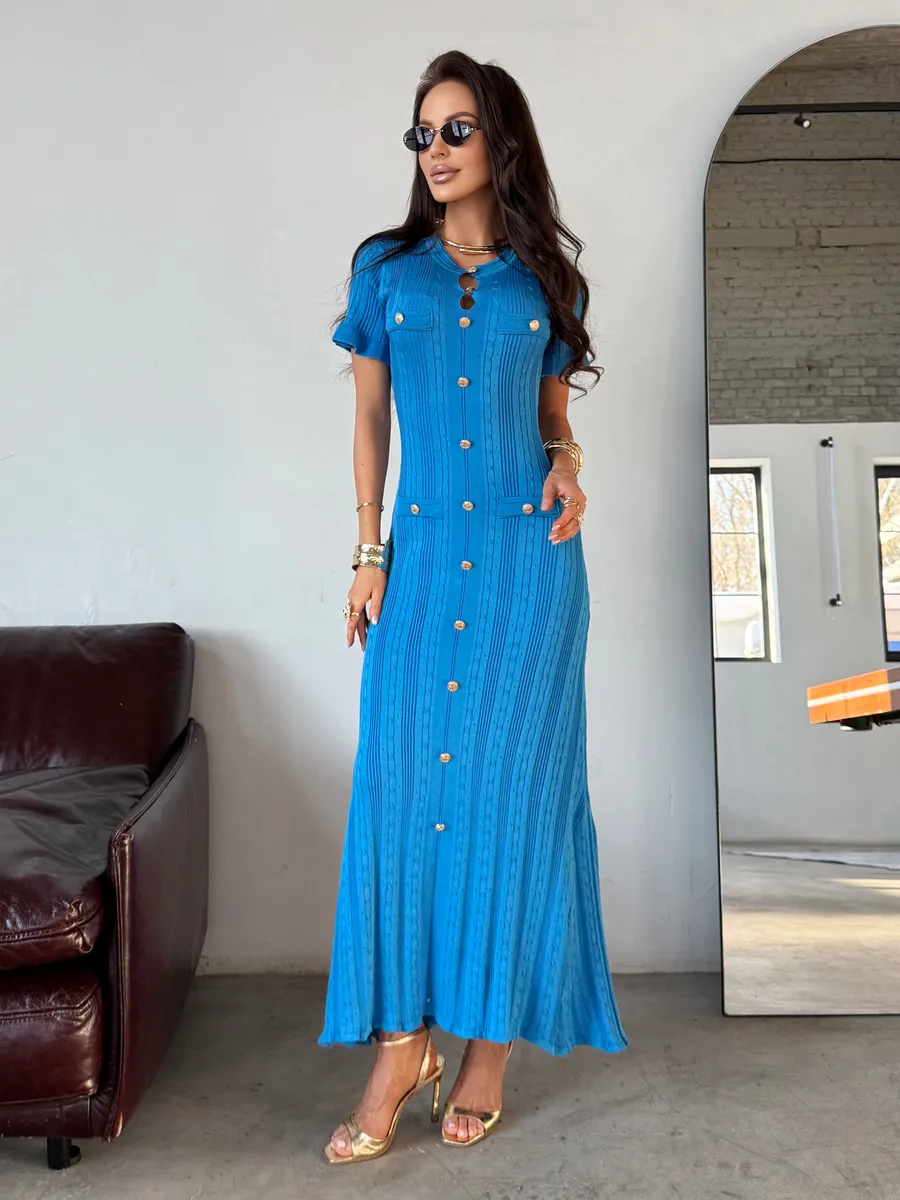 Синее праздничное длинное платье офисное макси