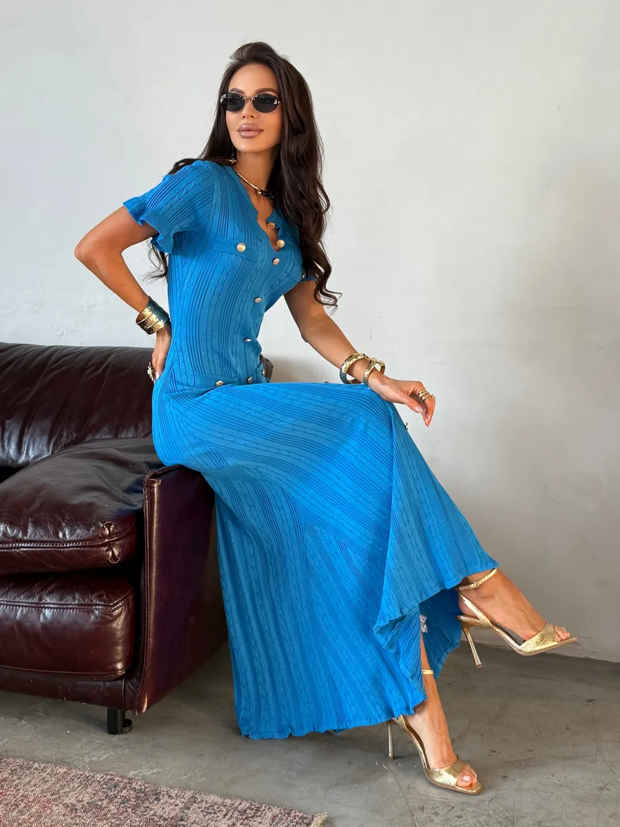 Синее праздничное длинное платье офисное макси