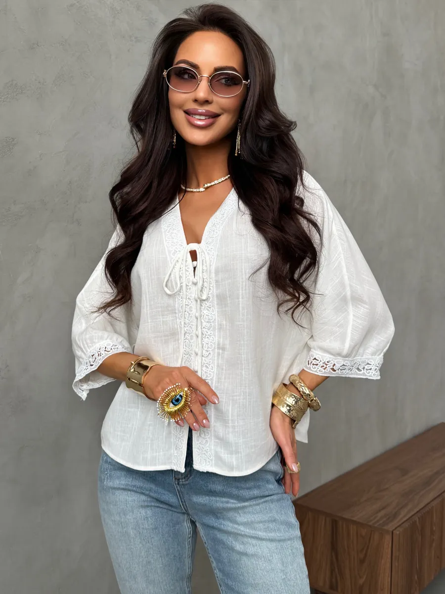 Молочная блузка летняя нарядная с коротким рукавом льняная