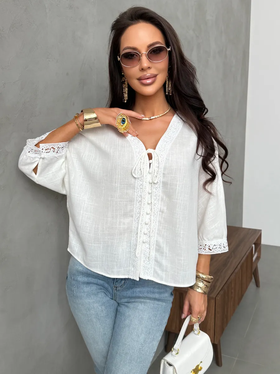 Молочная блузка летняя нарядная с коротким рукавом льняная