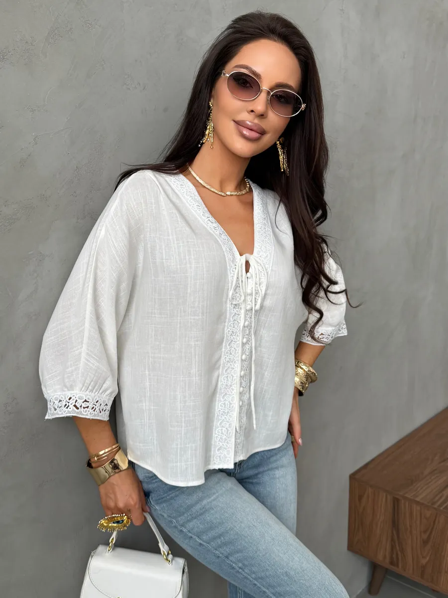 Молочная блузка летняя нарядная с коротким рукавом льняная