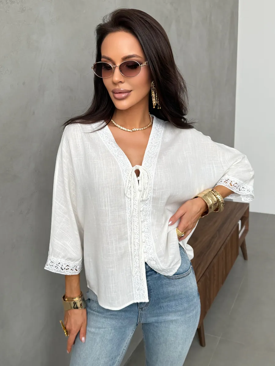 Молочная блузка летняя нарядная с коротким рукавом льняная