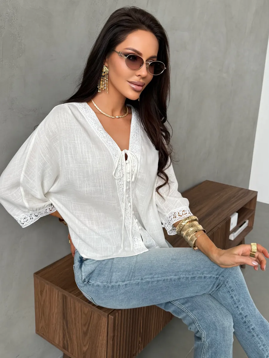 Молочная блузка летняя нарядная с коротким рукавом льняная