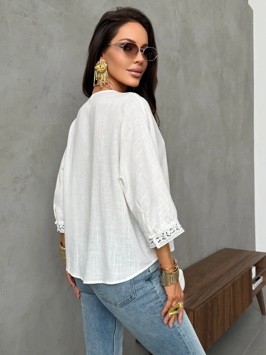 Молочная блузка летняя нарядная с коротким рукавом льняная