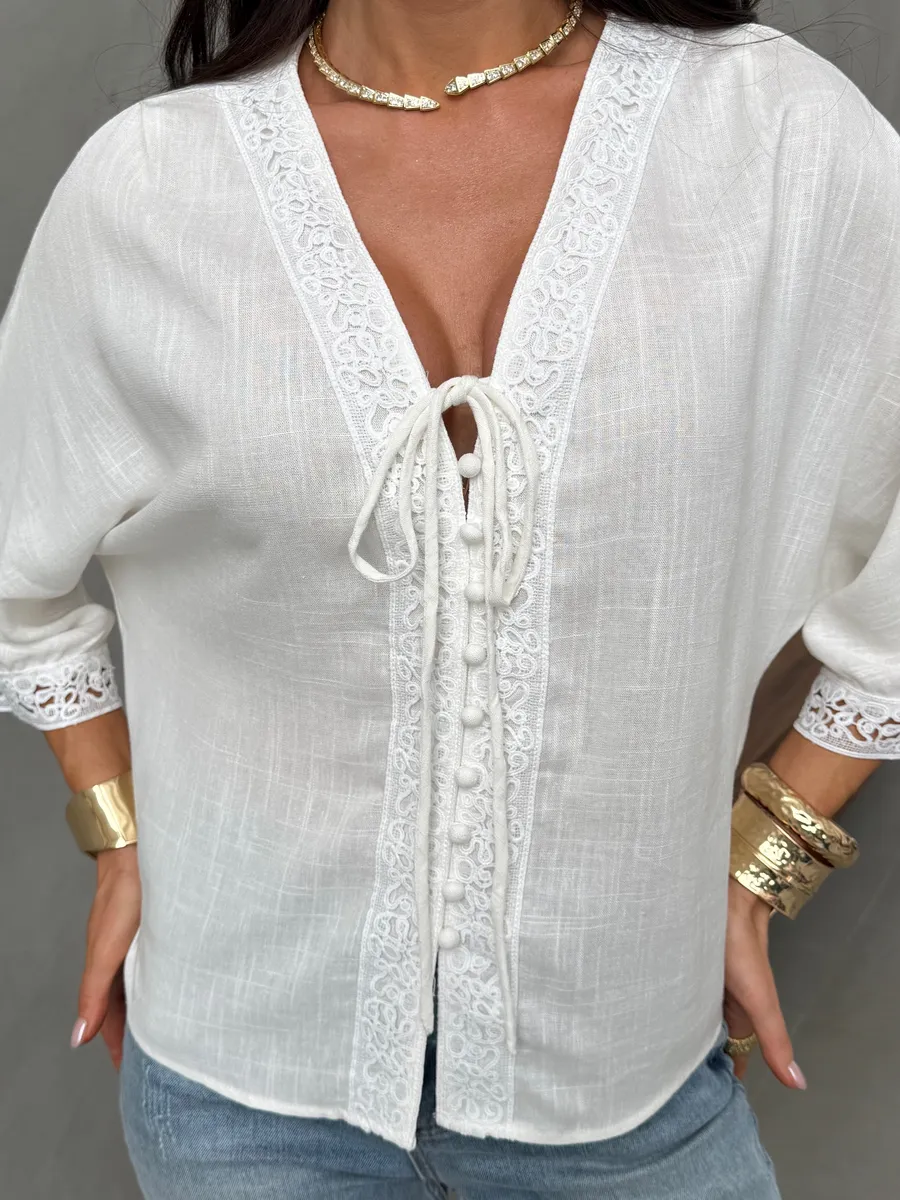 Молочная блузка летняя нарядная с коротким рукавом льняная