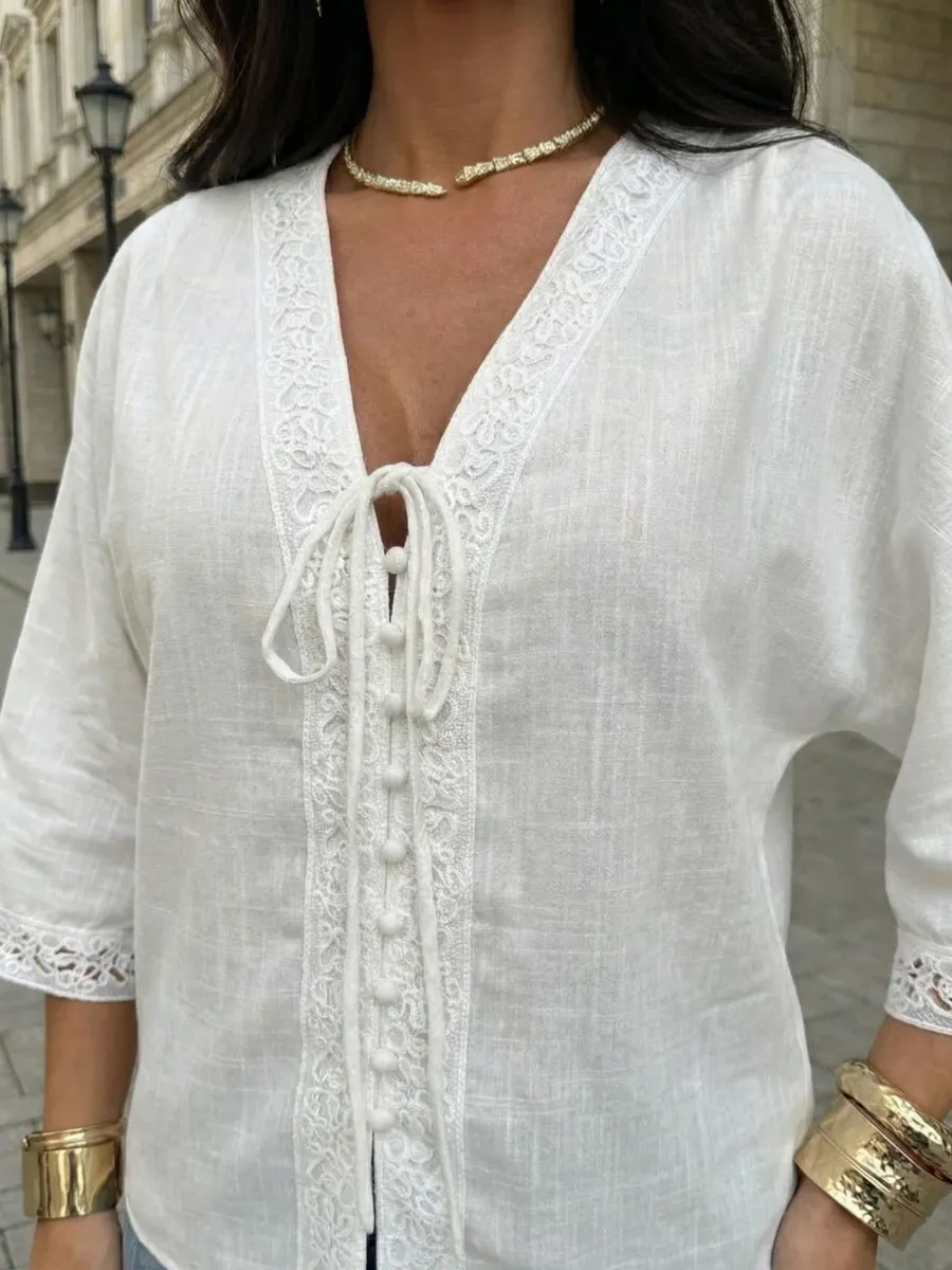 Молочная блузка летняя нарядная с коротким рукавом льняная