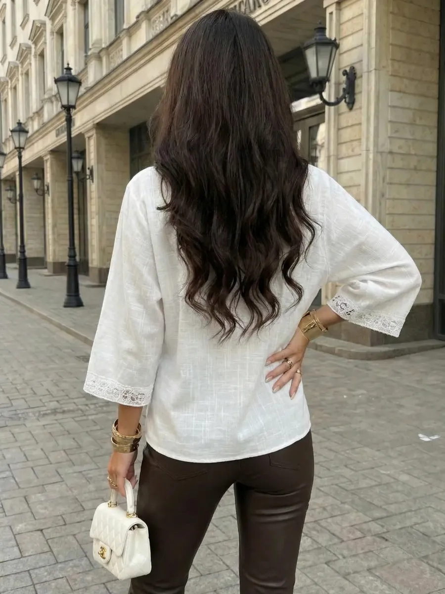 Молочная блузка летняя нарядная с коротким рукавом льняная