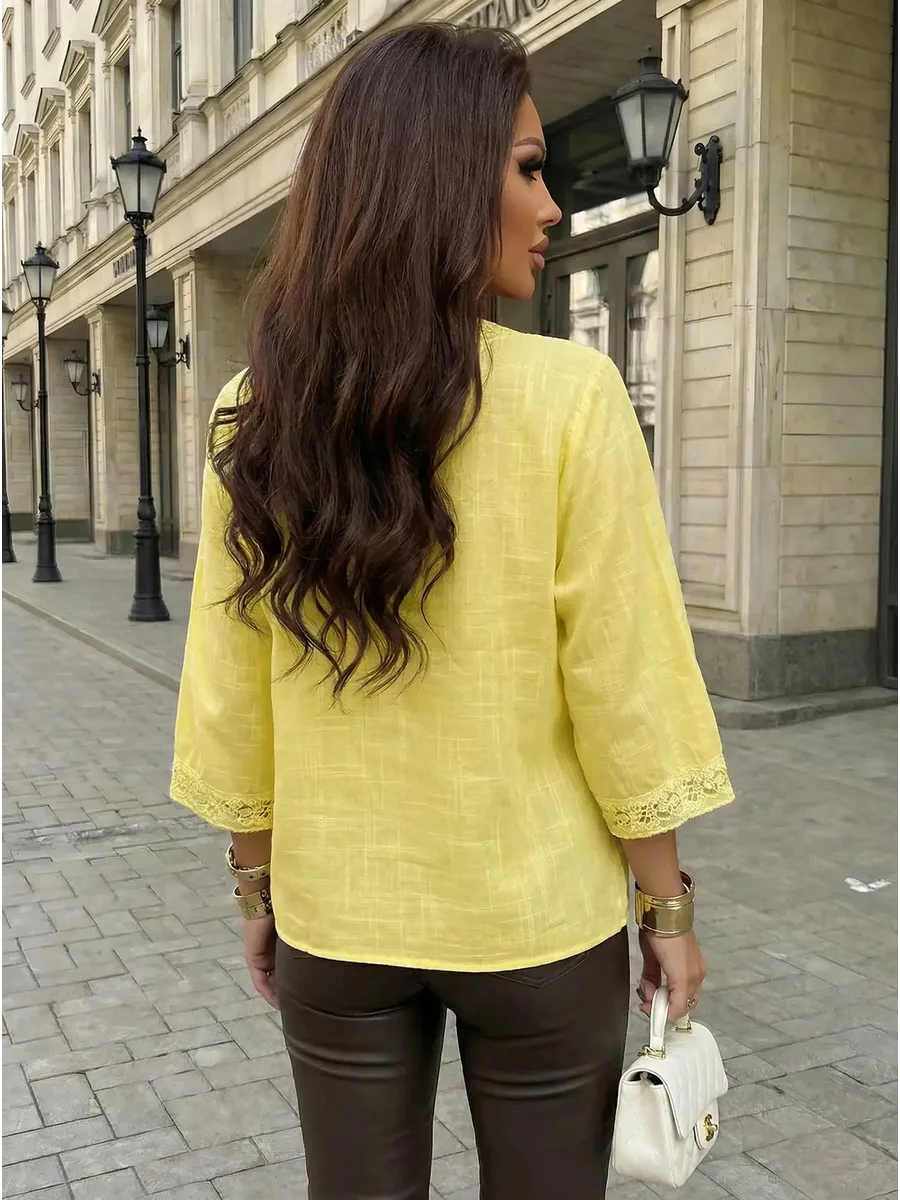 Желтая блузка летняя нарядная с коротким рукавом льняная