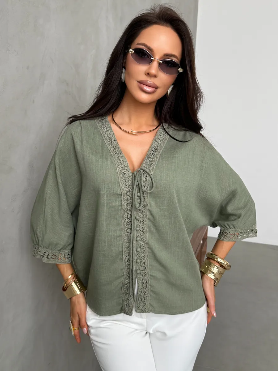 Блузка летняя нарядная с коротким рукавом льняная