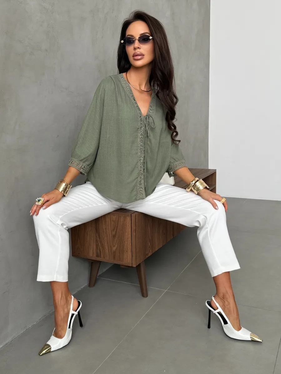 Блузка летняя нарядная с коротким рукавом льняная