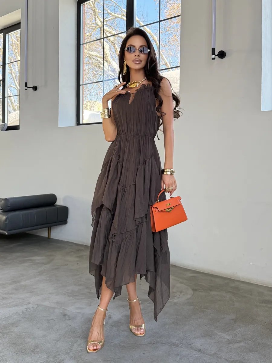 Коричневое летнее повседневное платье миди на бретелях