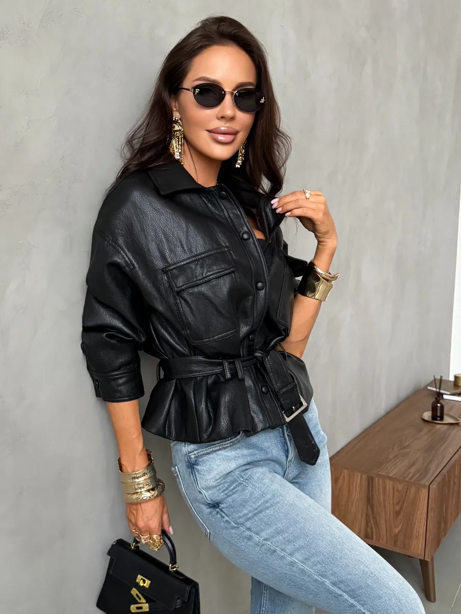 Черная куртка-рубашка кожаная