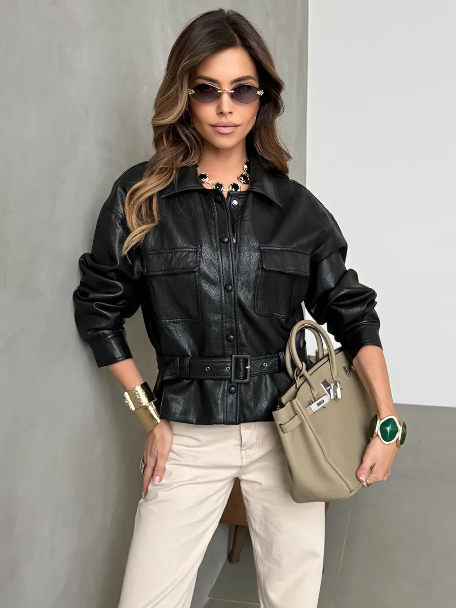 Черная куртка-рубашка кожаная