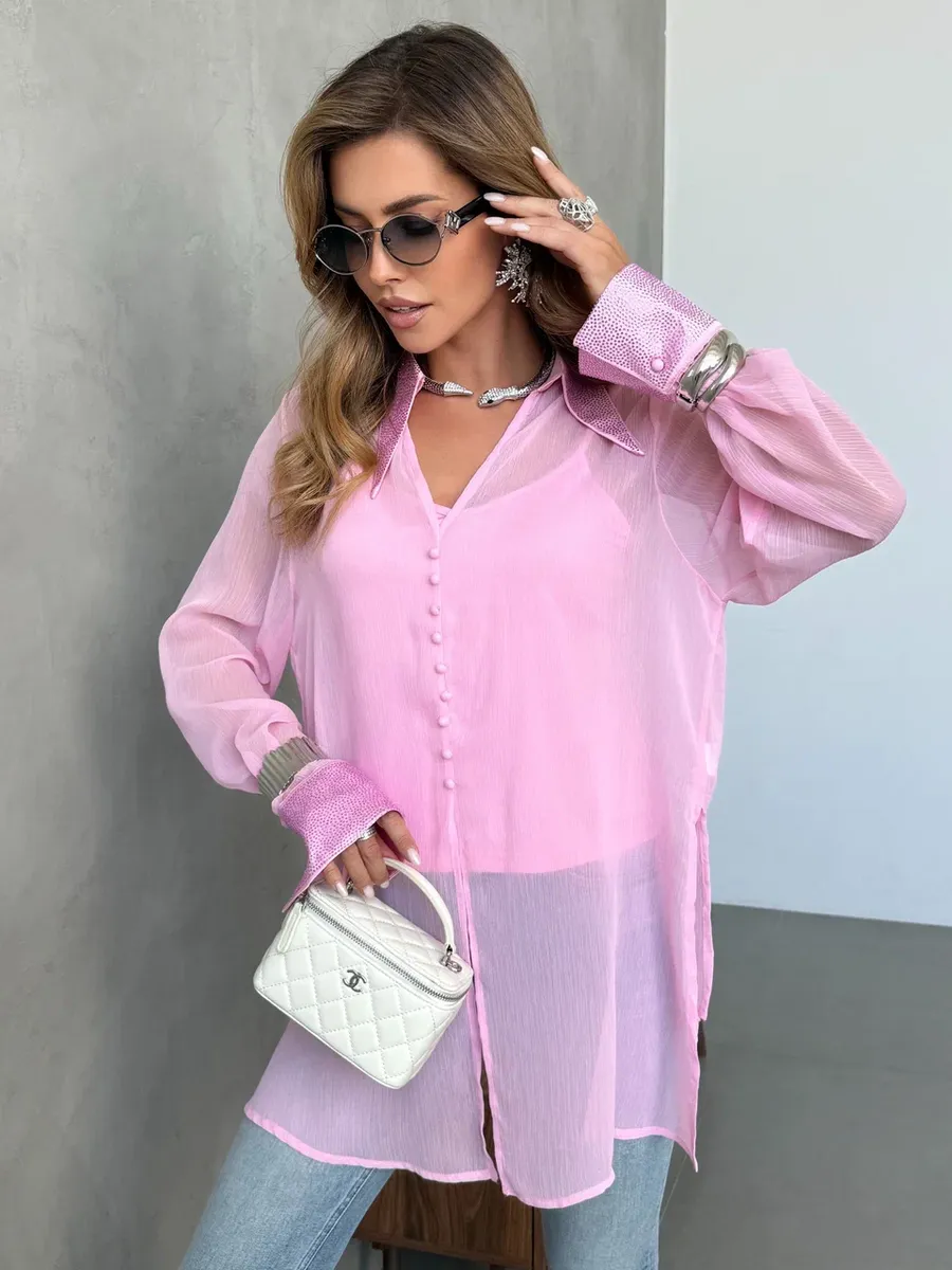 Розовая нарядная праздничная блузка рубашка со стразами