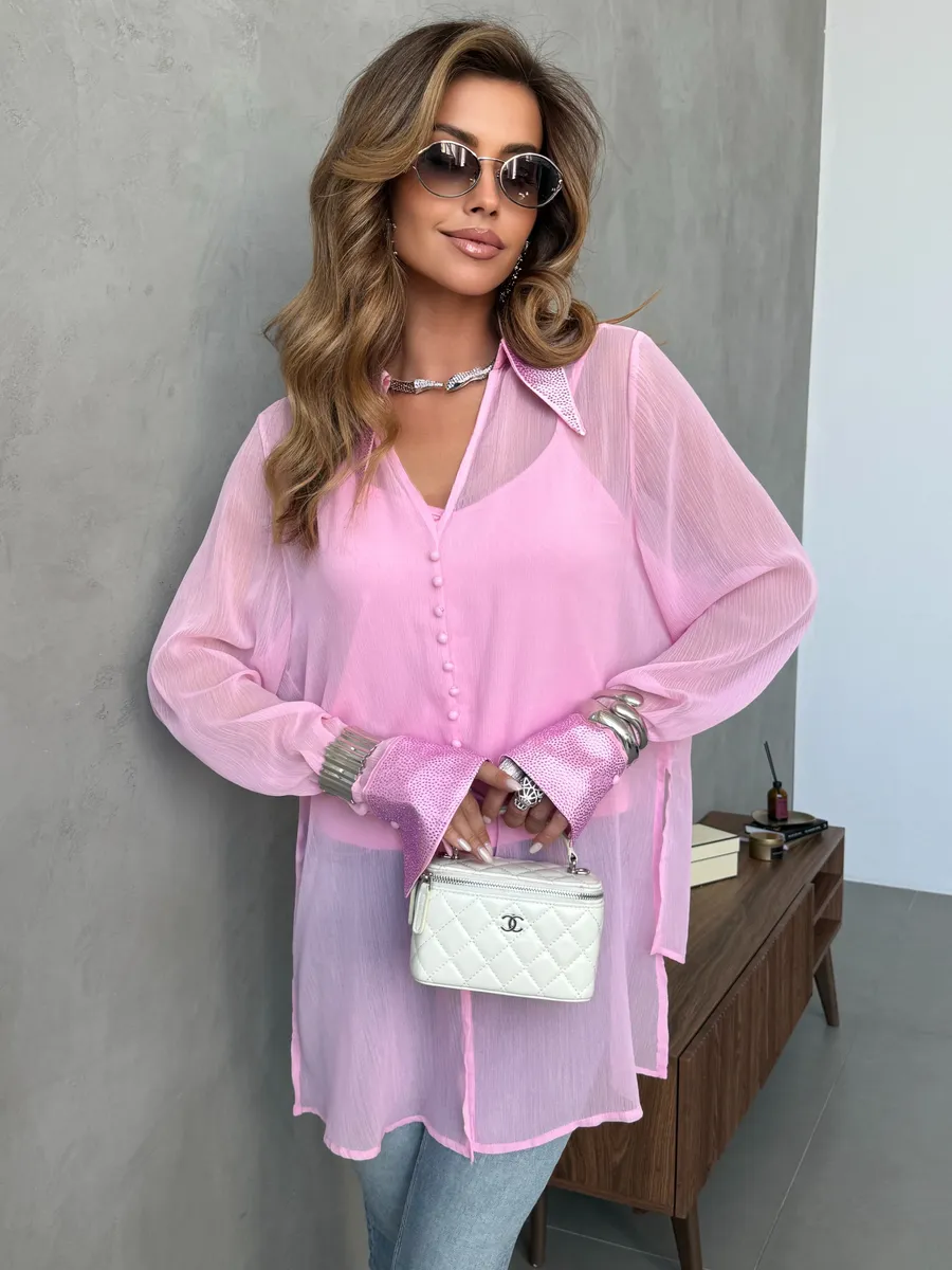 Розовая нарядная праздничная блузка рубашка со стразами