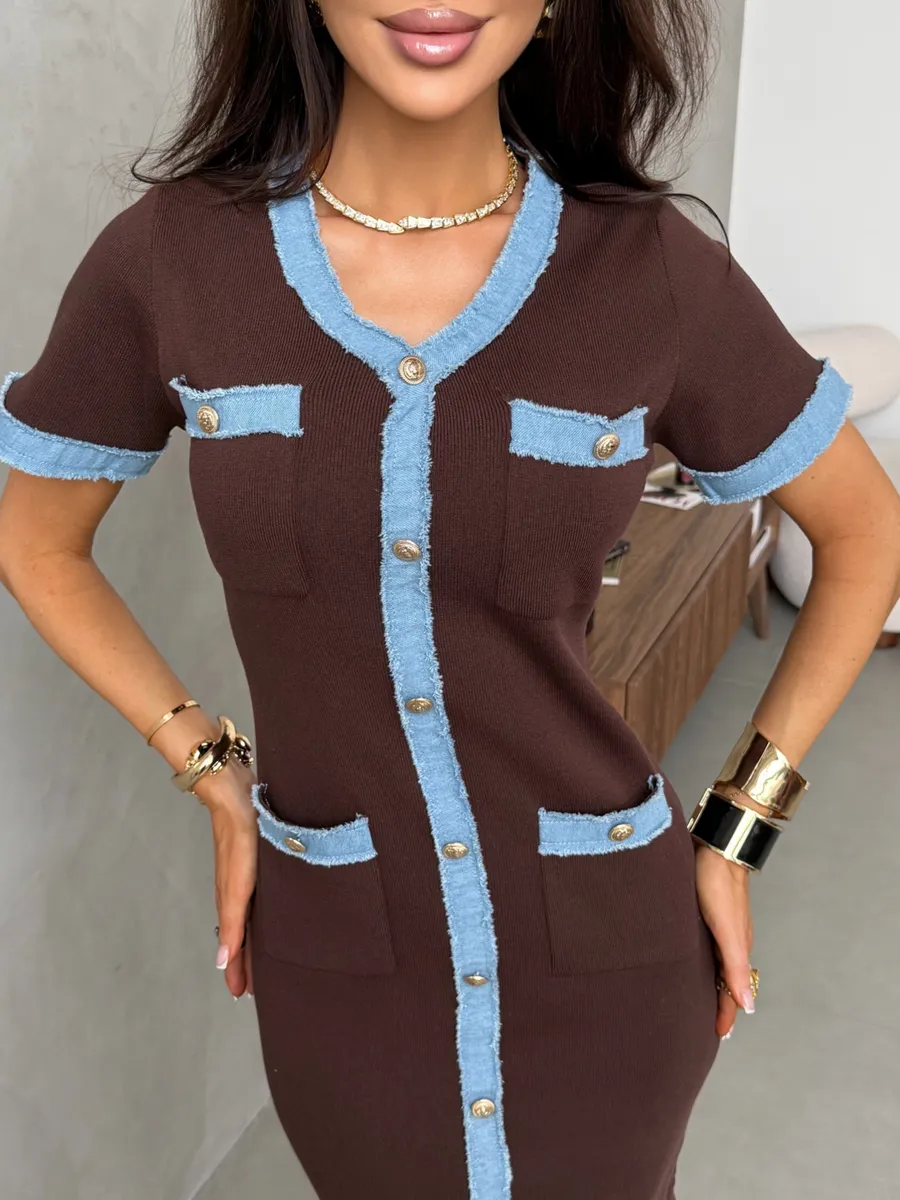 Коричневое платье трикотажное короткое мини шанель