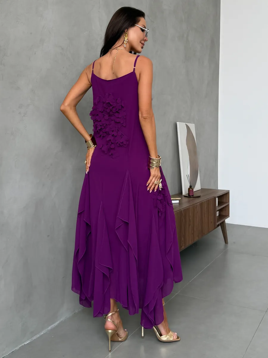 Фиолетовое летнее легкое платье праздничное длинное с цветами