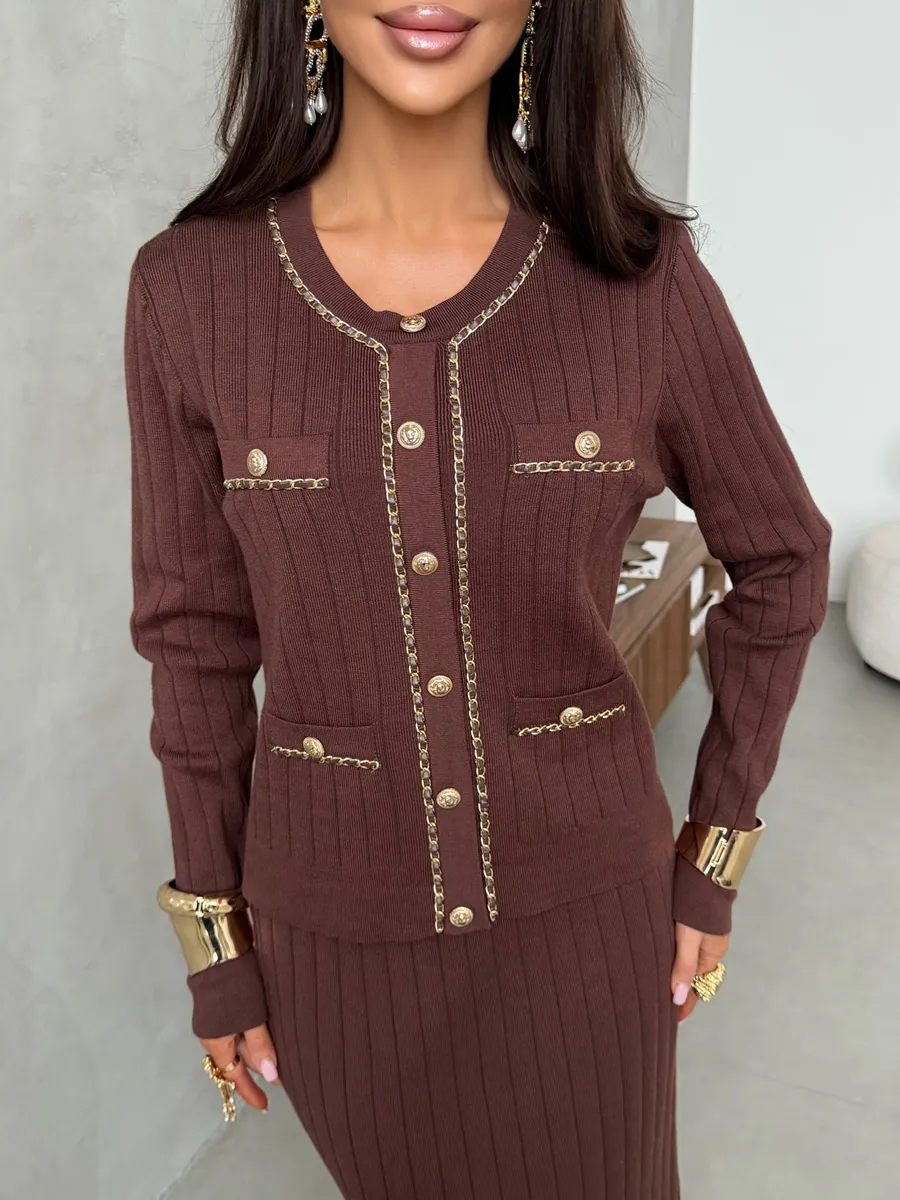Шоколадный теплый костюм с юбкой осенний трикотажный