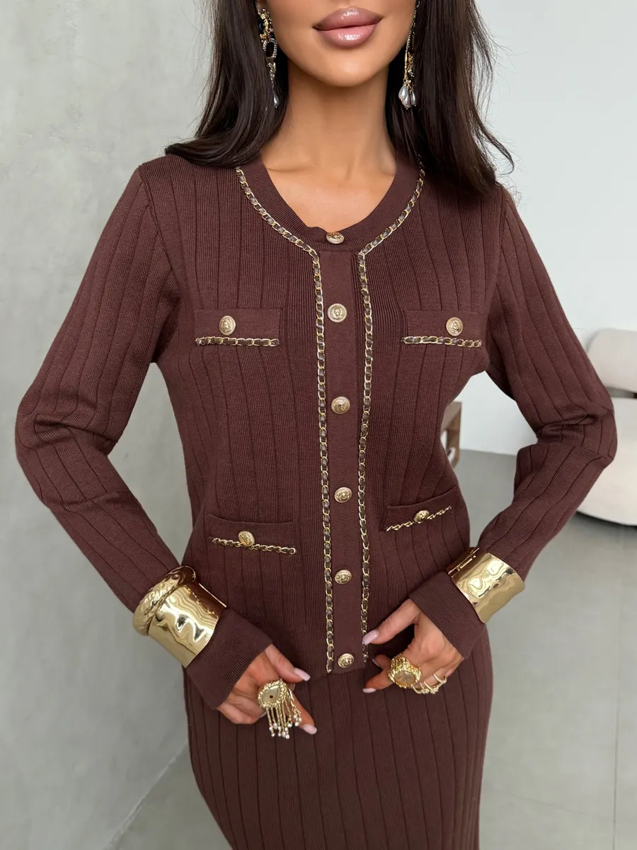 Шоколадный теплый костюм с юбкой осенний трикотажный