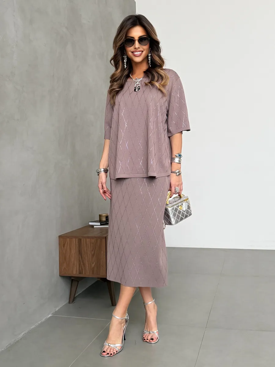 Капучино костюм с юбкой праздничный нарядный теплый трикотажный