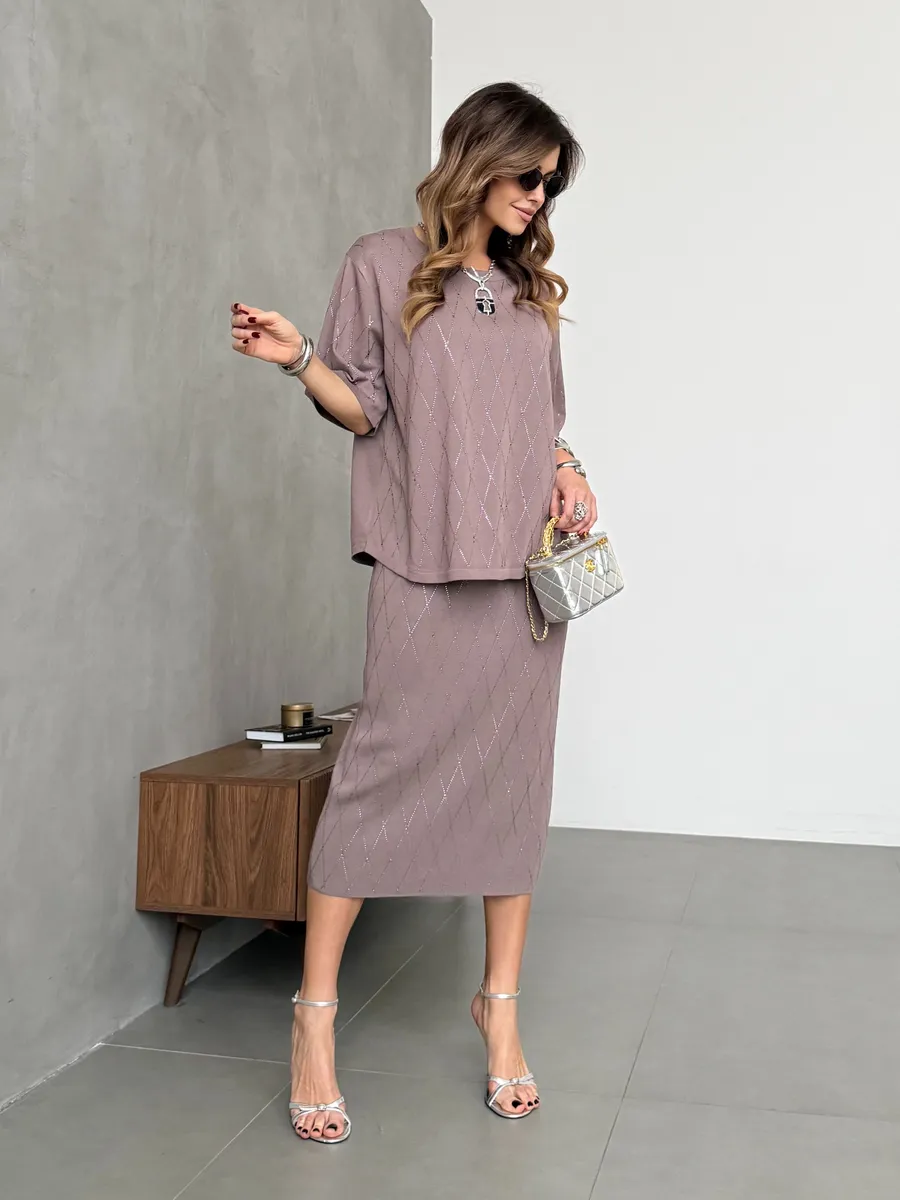 Капучино костюм с юбкой праздничный нарядный теплый трикотажный