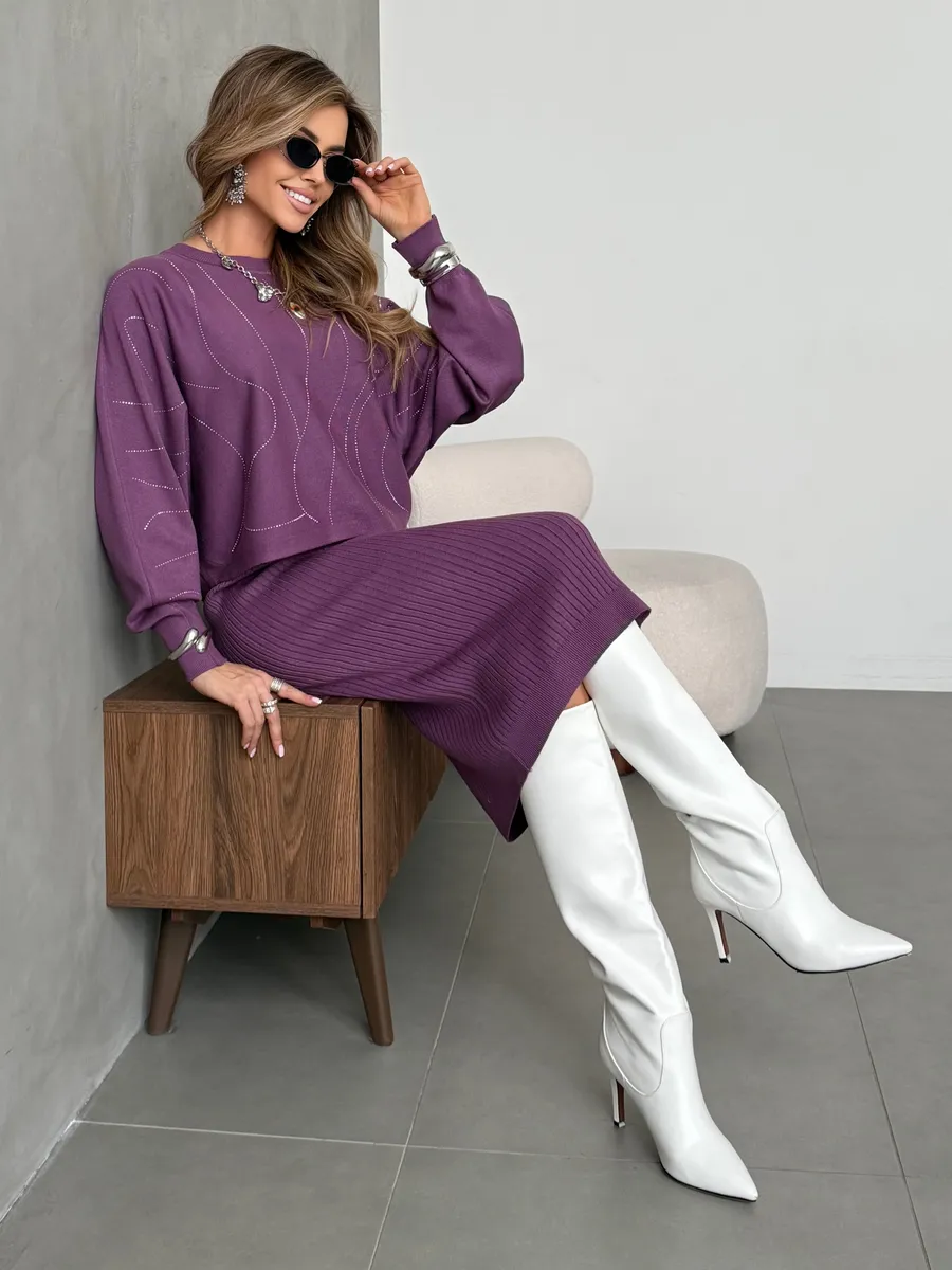 Баклажановый костюм двойка трикотажный с платьем